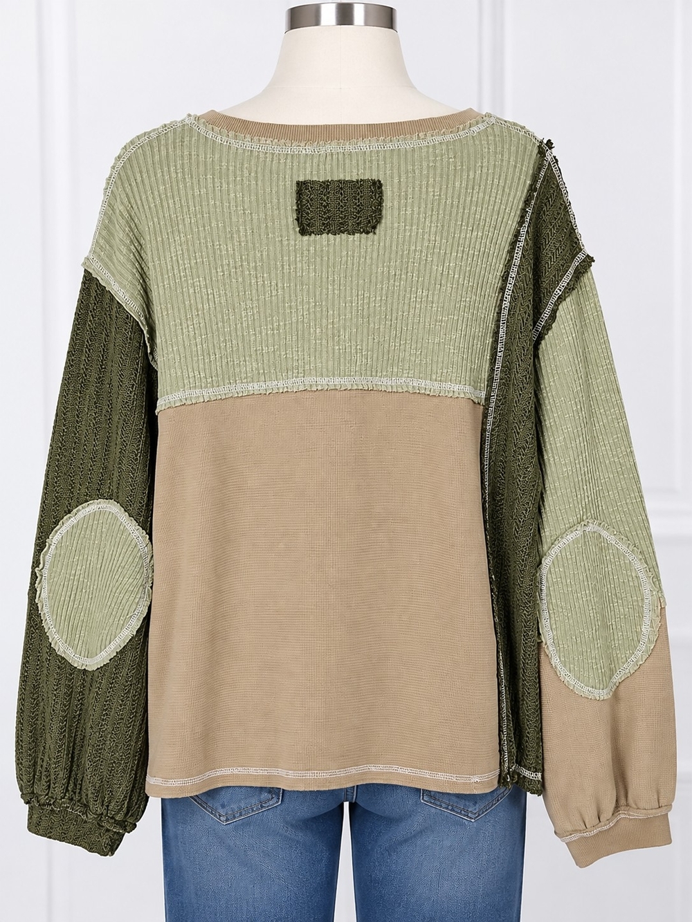 POL Size Large Patchwork Waffle Knit V-Neck Top Olive Sage Boho Oversized - Picture 3 of 5